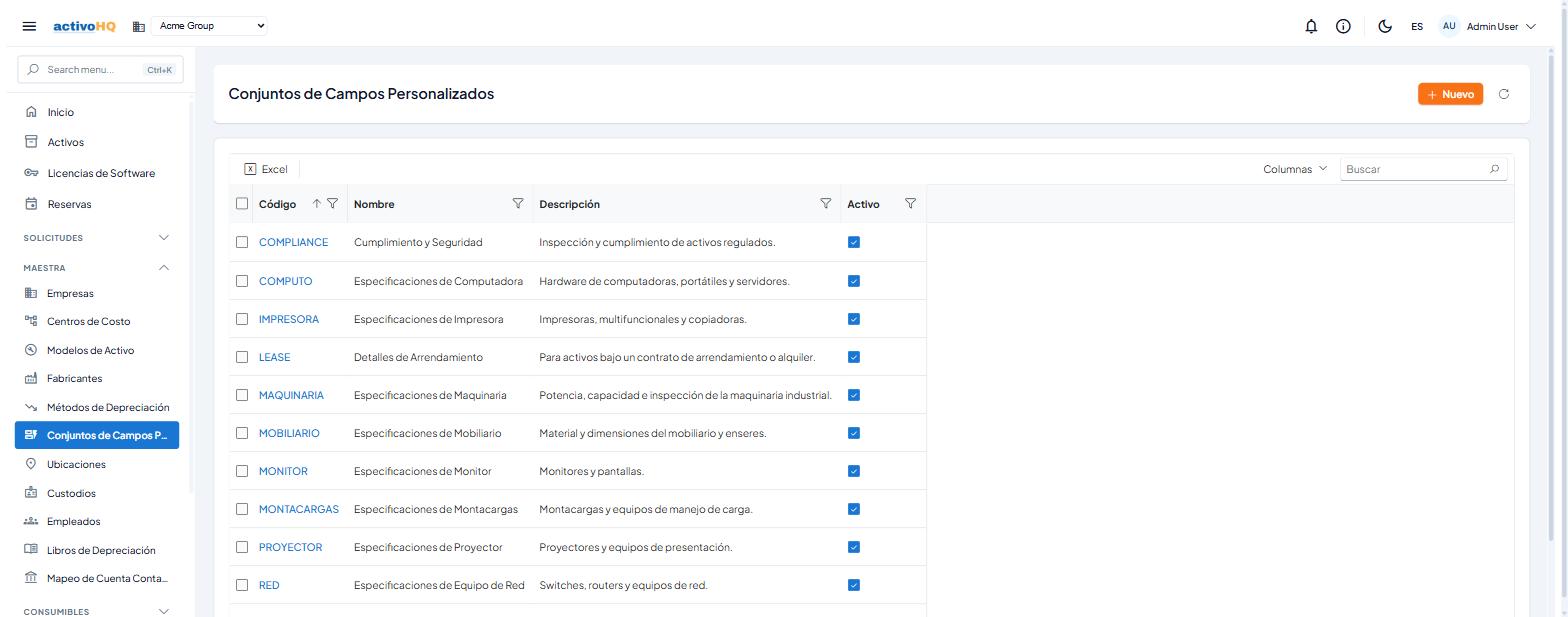 Conjuntos de campos personalizados por tipo de activo