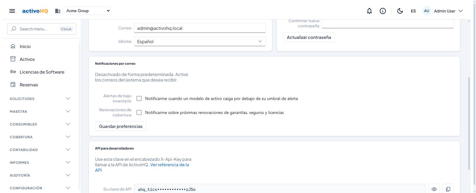 La sección API para desarrolladores en Mi Perfil, con la clave enmascarada