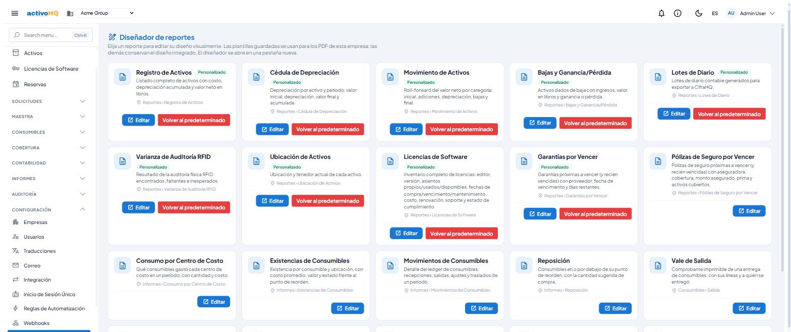 Diseñador de reportes con cada plantilla y su estado de personalización