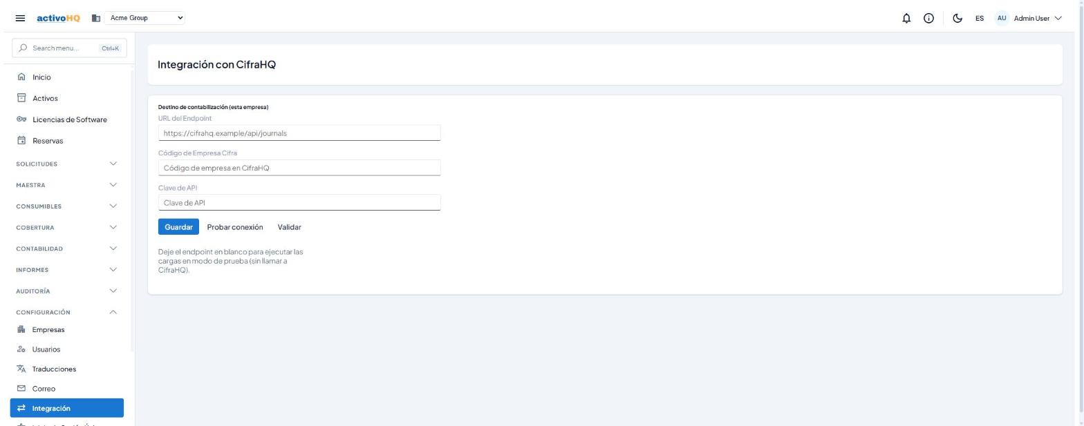 Configuración del destino de contabilización en CifraHQ
