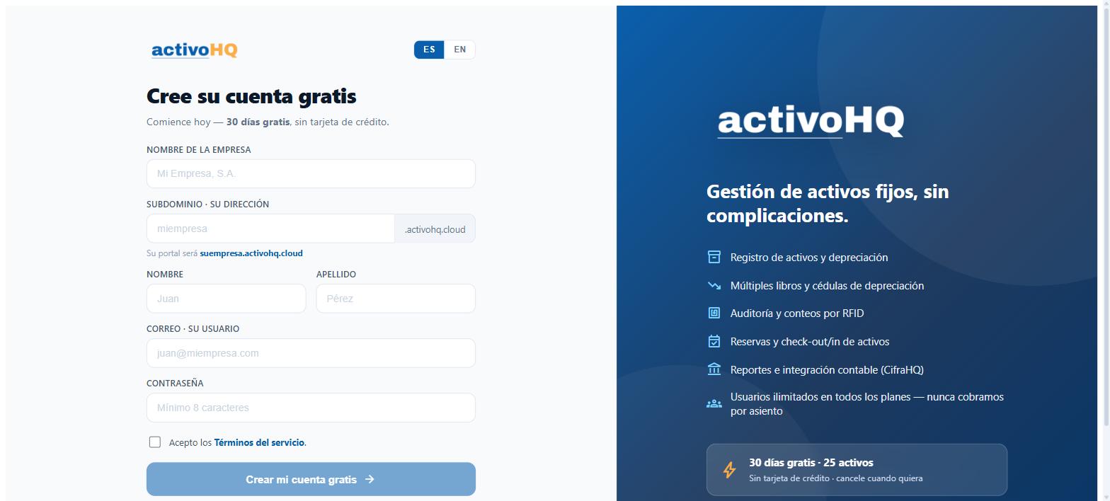La pantalla de registro: empresa, subdominio, sus datos y la contraseña