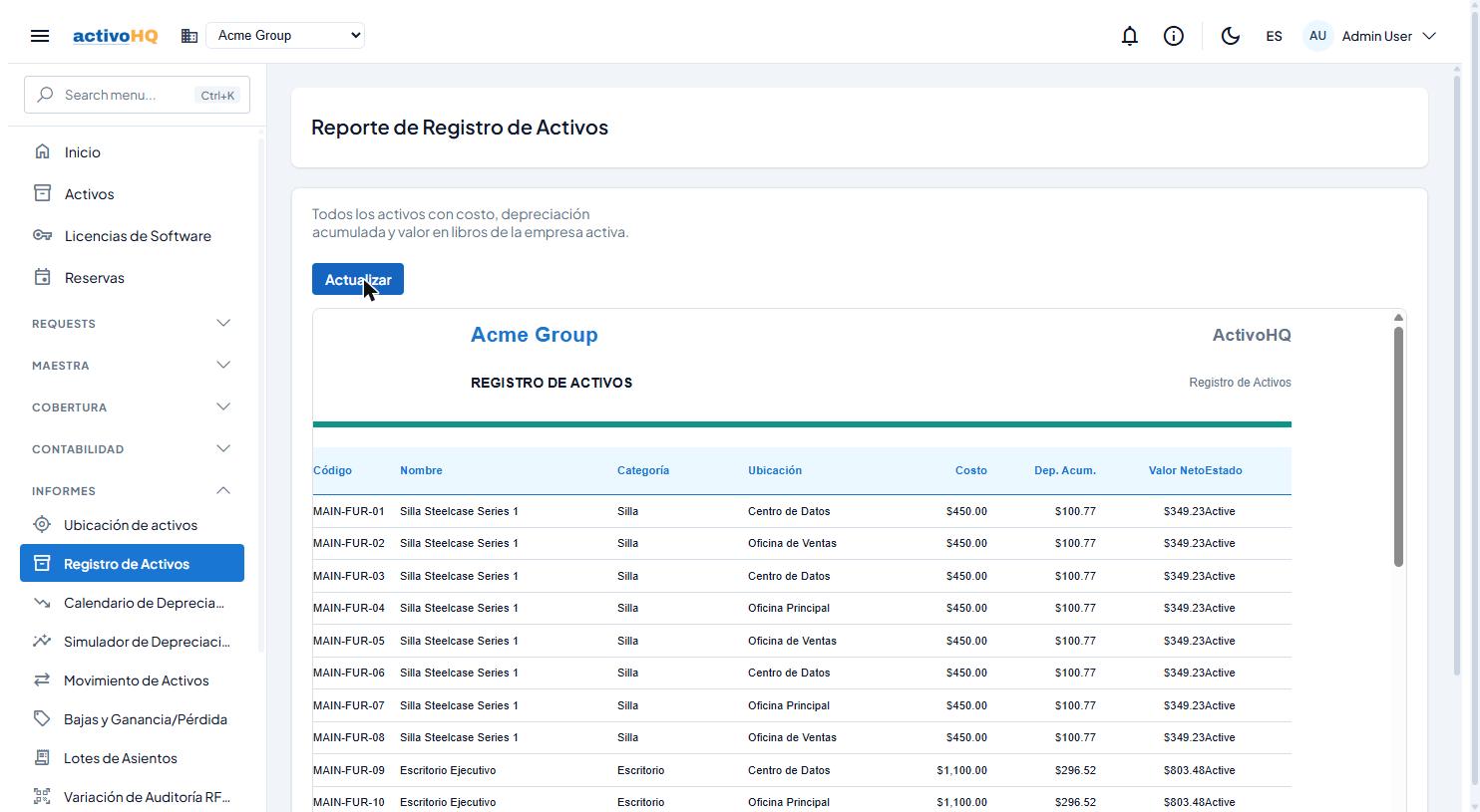 Reporte de Registro de Activos mostrado en pantalla dentro de la misma página