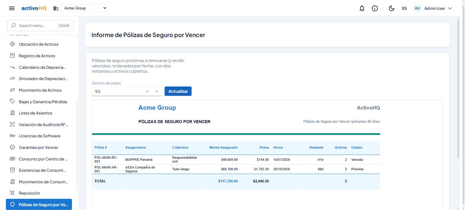 El reporte de pólizas por vencer, con los días restantes y el estado de cada póliza