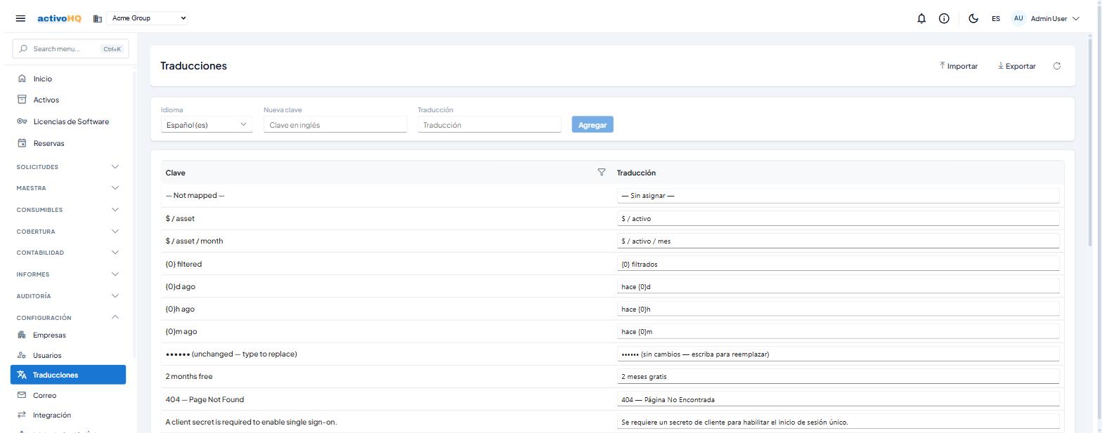 Editor de traducciones con la clave en inglés y su texto en español